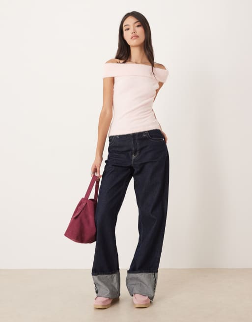 Motel Yurian off the shoulder soft knit short sleeve top in pink, 2 of 4