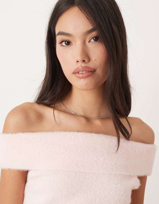 Motel Yurian off the shoulder soft knit short sleeve top in pink, 3 of 4