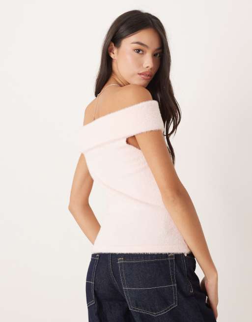 Motel Yurian off the shoulder soft knit short sleeve top in pink, 4 of 4