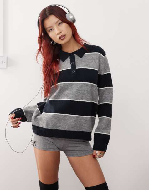 Motel Yusnada striped rugby jumper in grey and navy - view 1