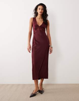 Motel Zarita Midaxi Satin Dress In Red