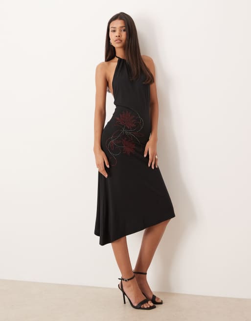 Motel Zavine halter asymmetric dress with flower diamante detail in black