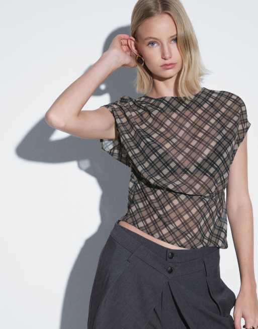 Motel zayla chiffon vintage check top co-ord in olive, 1 of 8