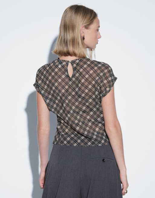 Motel zayla chiffon vintage check top co-ord in olive, 4 of 8