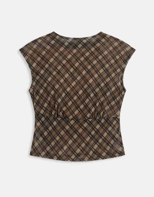 Motel zayla chiffon vintage check top co-ord in olive, 5 of 8