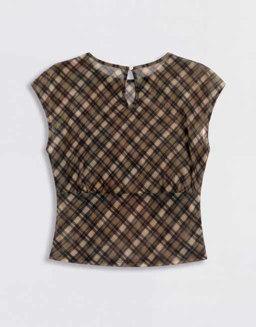 Motel zayla chiffon vintage check top co-ord in olive, 6 of 8