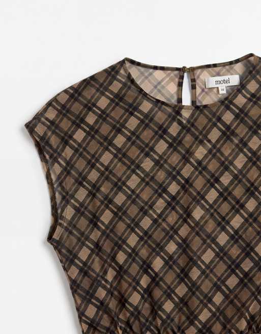 Motel zayla chiffon vintage check top co-ord in olive, 7 of 8