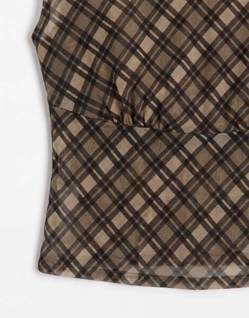 Motel zayla chiffon vintage check top co-ord in olive, 8 of 8