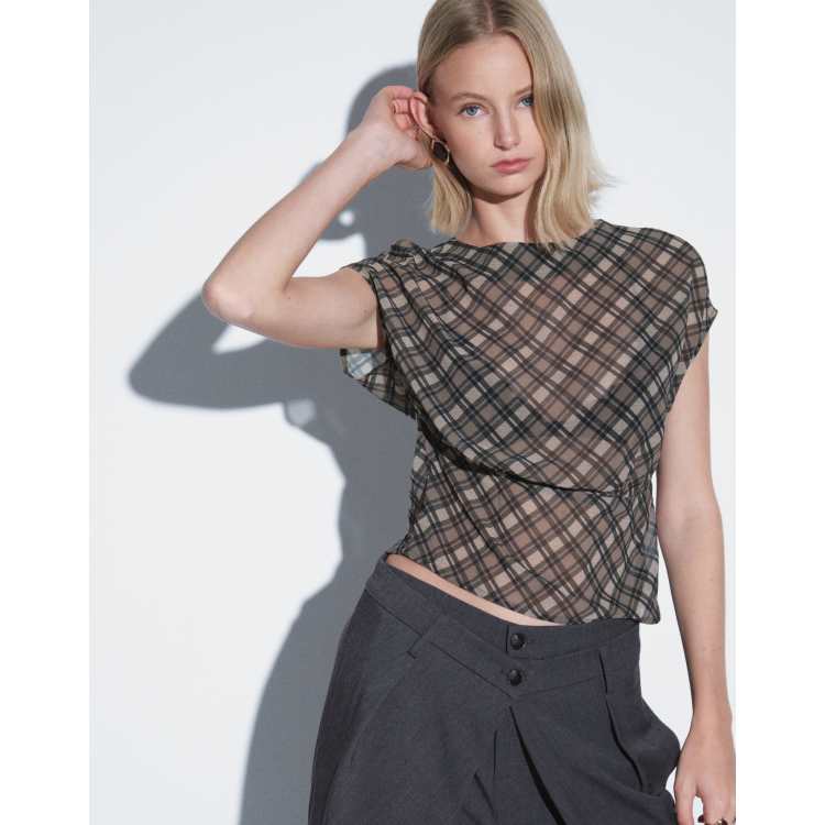 Motel zayla chiffon vintage check top set in olive | ASOS