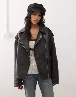 zebbie distressed faux leather biker jacket in black