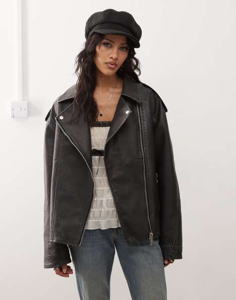Motel zebbie distressed faux leather biker jacket in black - view 1
