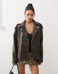 [Motel] Motel Zebbie distressed faux leather biker jacket in olive-Green M DISTRESSED OLIVE