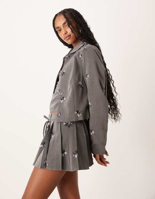 Motel Zedari floral embroidered cropped jacket in grey (part of a set)