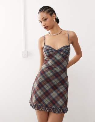 Motel zeinari check mesh mini cami dress in navy - view 1