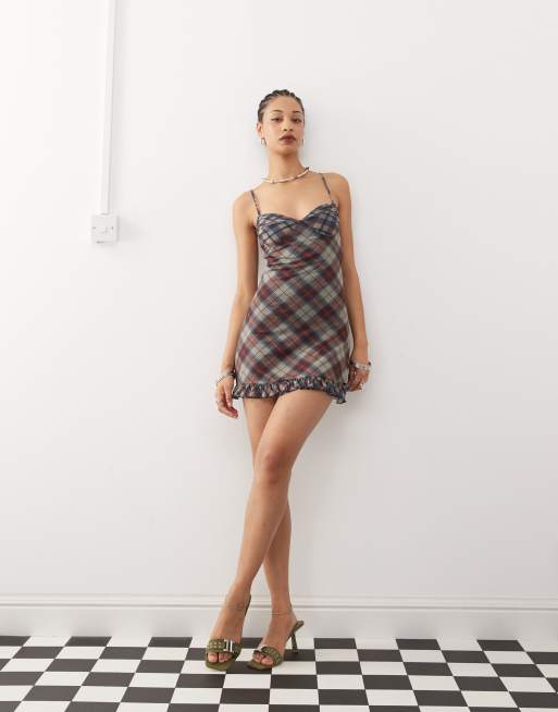 Motel zeinari check mesh mini cami dress in navy