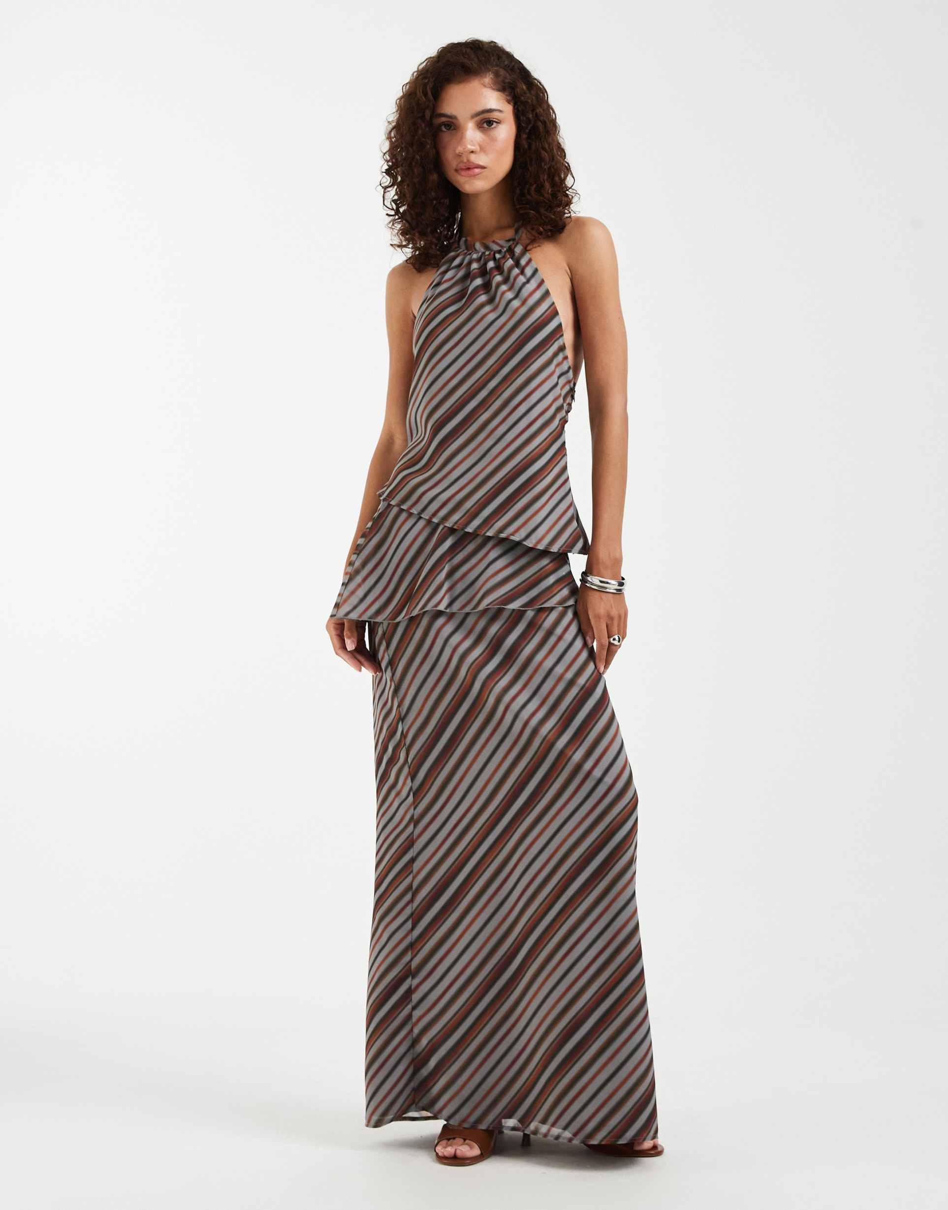 motel zelvia striped maxi skirt in gray brown