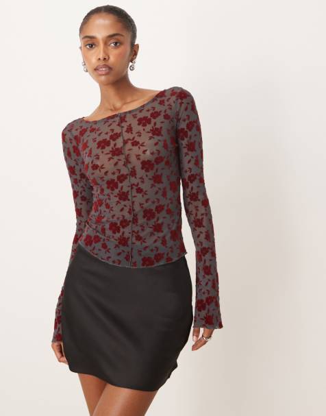 Motel zerlin long sleeve garden floral sheer top in burgundy