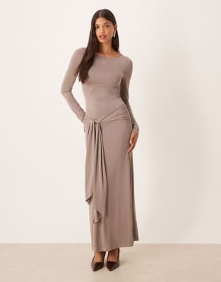 Motel Zeya Long Sleeve Maxi Dress With Tie Detail In Gray