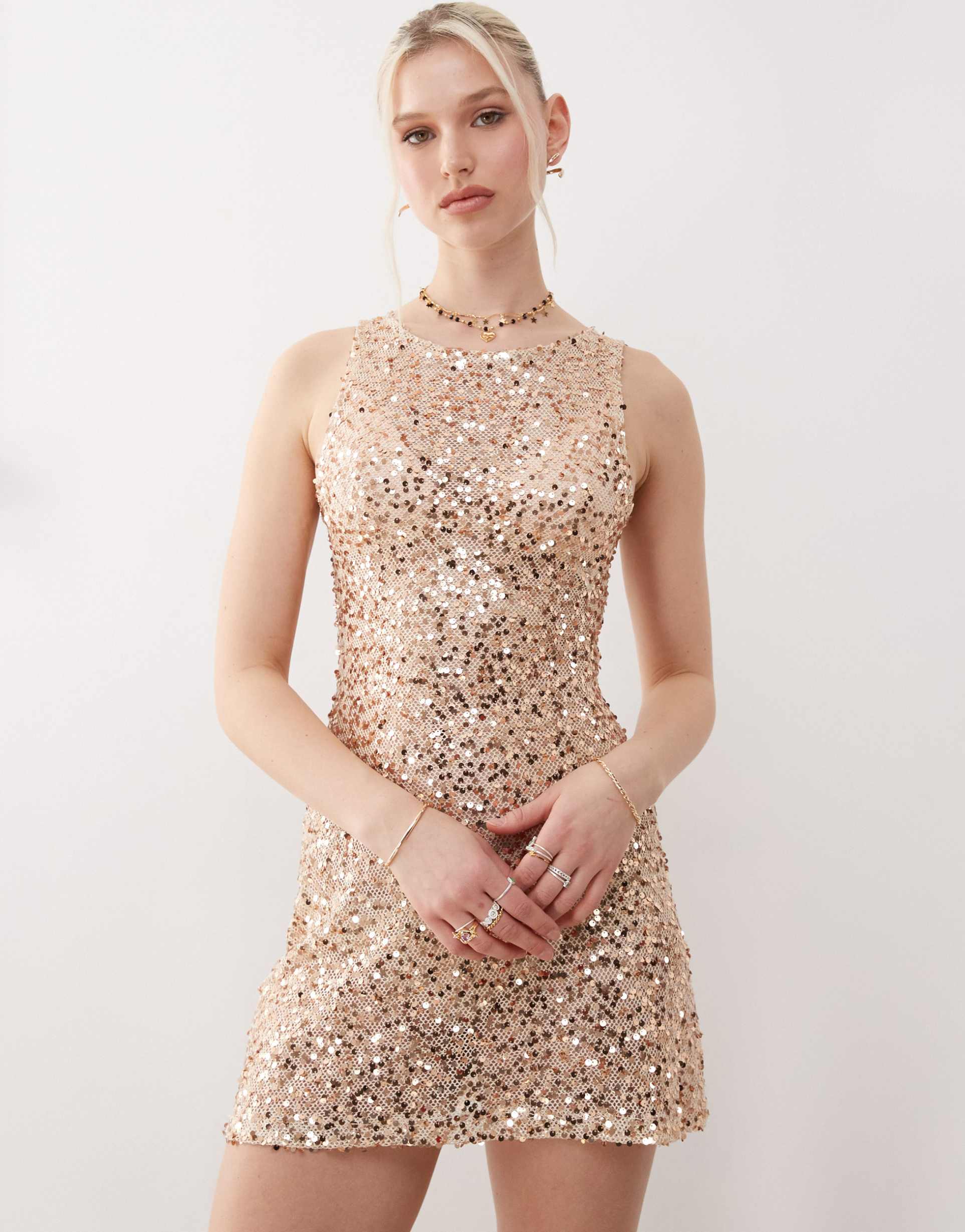 motel zeyana sequin mini tank dress in gold