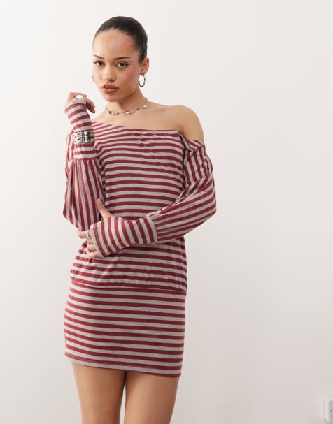 Motel Zylina slouchy stripe mini dress in burgundy gray - view 1