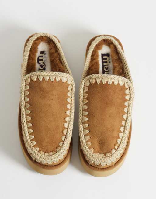 Mou clogs i ruskind med for i imiteret lammeskind og plateau i cognac, 2 af 4