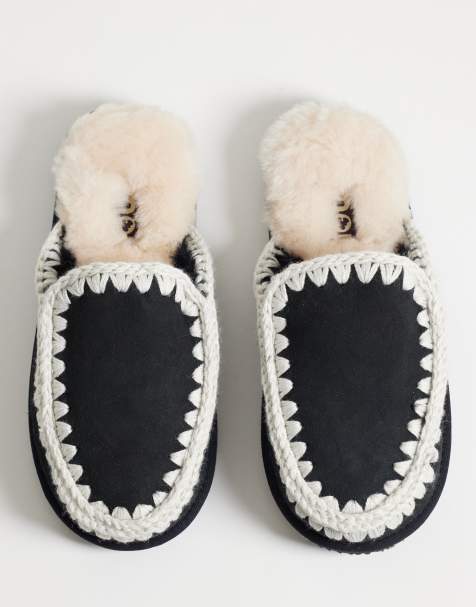 Mou shearling lined overstitch suede slippers in black - view 1