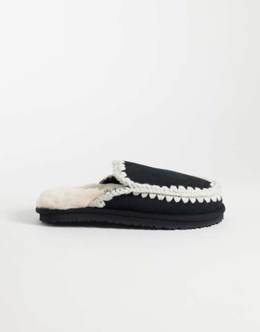 Mou shearling lined overstitch suede slippers in black, 2 of 4