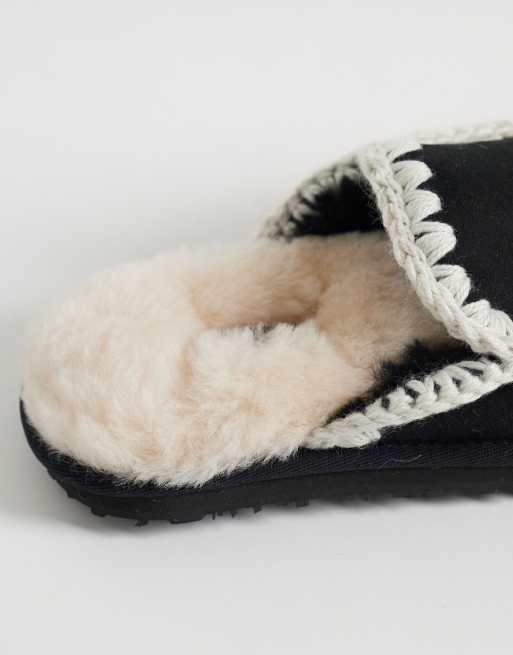 Mou shearling lined overstitch suede slippers in black, 4 of 4