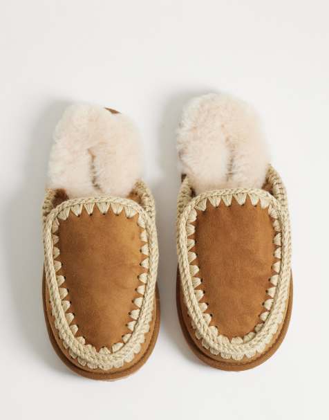 Mou shearling lined overstitch suede slippers in cognac - view 1