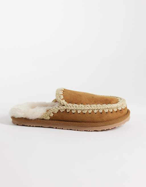 Mou shearling lined overstitch suede slippers in cognac, 2 of 4