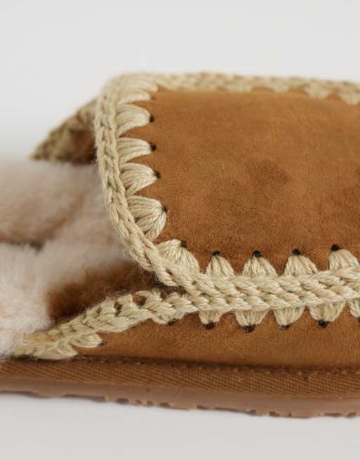 Mou shearling lined overstitch suede slippers in cognac, 3 of 4