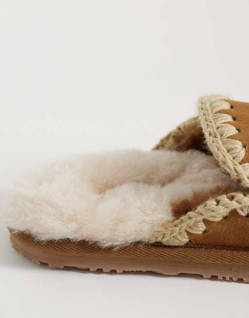 Mou shearling lined overstitch suede slippers in cognac, 4 of 4