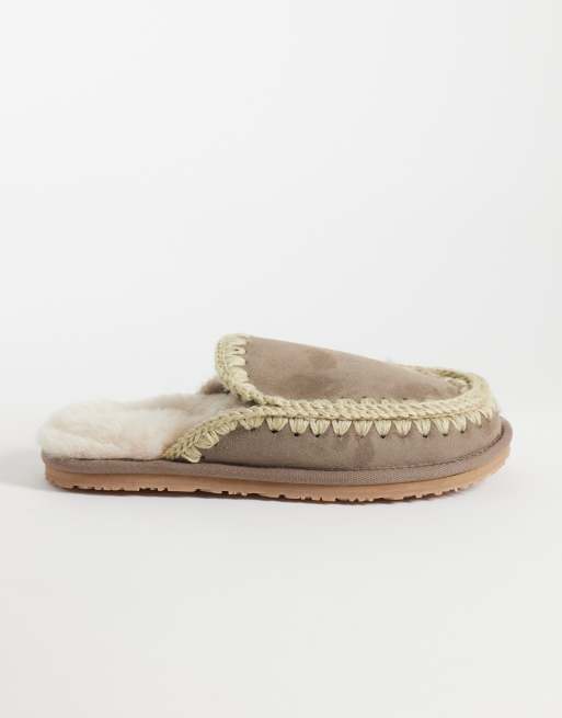 Mou shearling lined overstitch suede slippers in elephant grey, 2 of 4