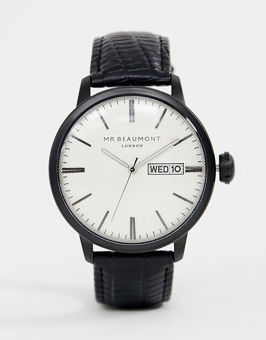 Mr Beaumont leather watch with white dial-Black