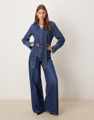 Mango Msngo 100% Cotton Denim Shirt With Tie Neck In Blue