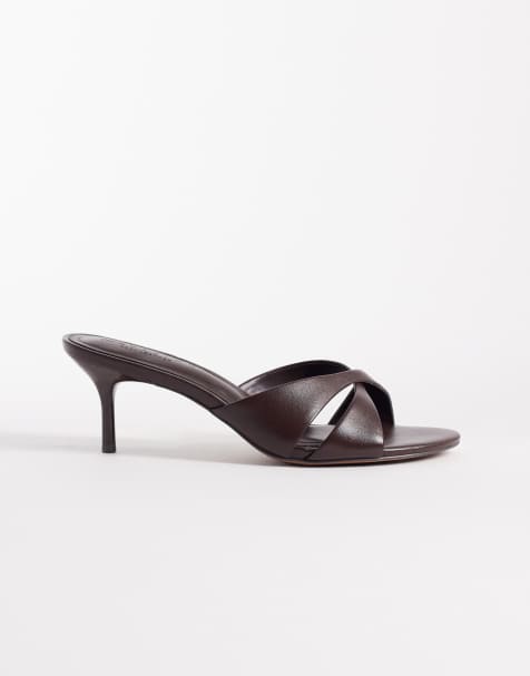 Mules marrón chocolate de tacón medio con tiras cruzadas de cuero premium Hum de ASOS DESIGN - view 1