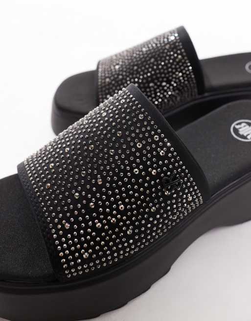 Mules negras con plataforma plana y diseño adornado con strass de River Island, 3 de 4