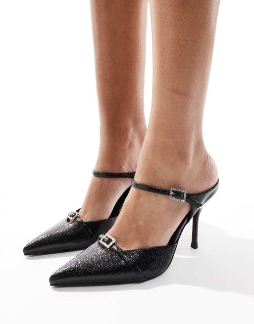 Mules negros efecto purpurina de tacón con puntera fina y hebillas de pedrería Gretta de SIMMI London
