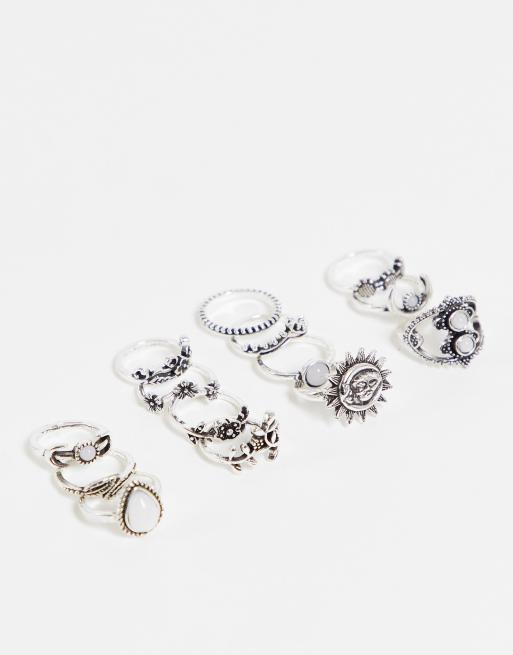 Multipack de 14 anillos plateados con diseños celestiales y ópalos de EGO 
