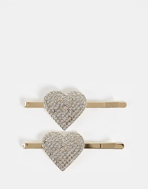 Multipack de 2 pasadores para el pelo dorados con diseño de corazón con pedrería de True Decadence