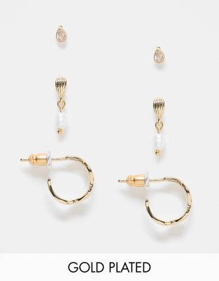 Multipack de 3 pares de pendientes con diseño de aro ondulado y perla chapados en oro de la colección Z de Accessorize