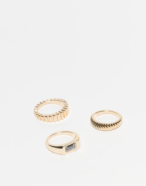 Multipack de anillos dorados tipo sello horizontal con piedra engastada y diseño estriado de ASOS DESIGN