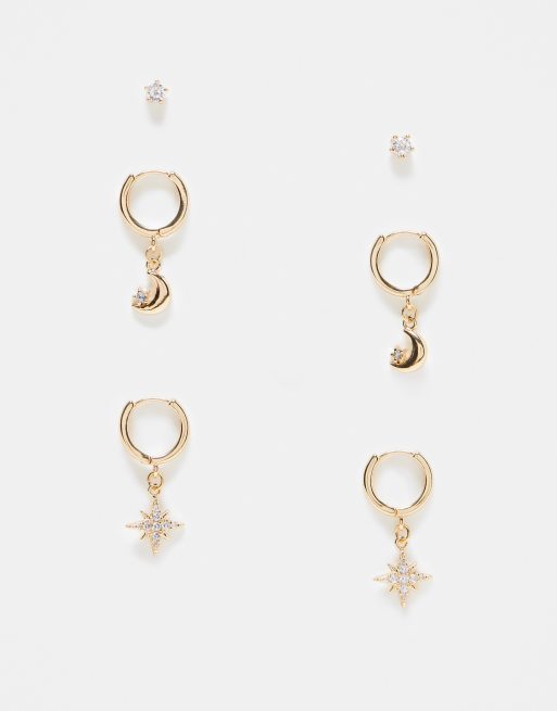 Multipack de pendientes con diseño de luna y estrella de Reclaimed Vintage