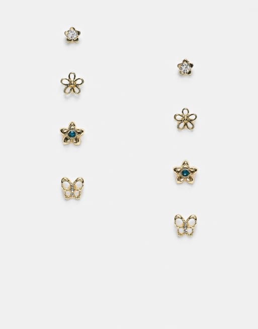 Multipack de pendientes de botón dorados con forma de flores y mariposas de DesignB London 