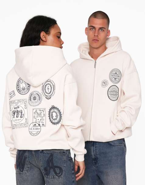 Multiply Apparel - Oversized hoodie met rits en poststempels in gebroken wit - view 1
