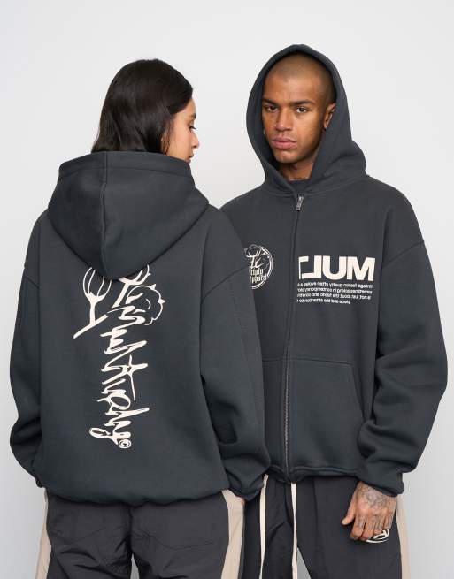 Multiply Apparel - Roots - Felpa oversize nera con cappuccio e zip