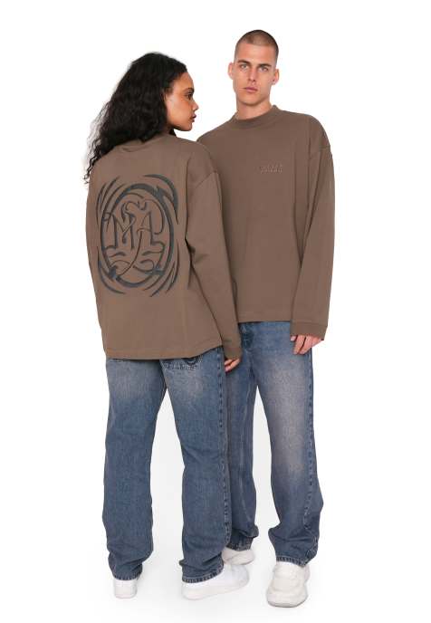 Multiply Apparel - T-shirt marrone oversize a maniche lunghe con stampa "Radial" - view 1