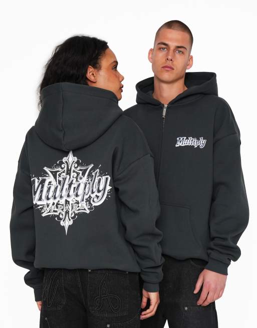 Multiply Apparel - Zig Zag - Felpa oversize nera con cappuccio e zip