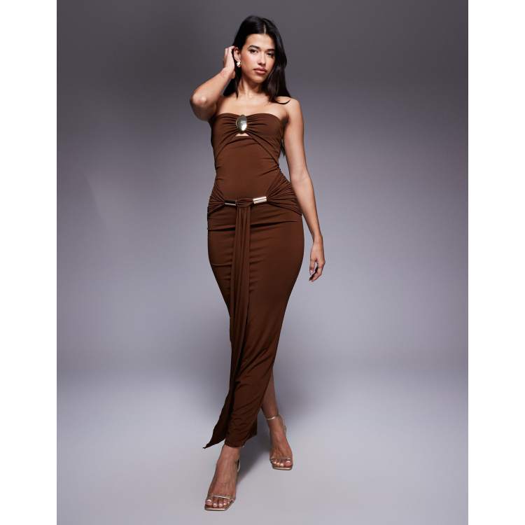 shape chocolate brown bandeau ruched midaxi dress Murci metal hardware detail drape front maxi in Regular side neck to
