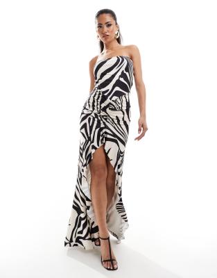 bandeau thigh split maxi dress in zebra print-Multi